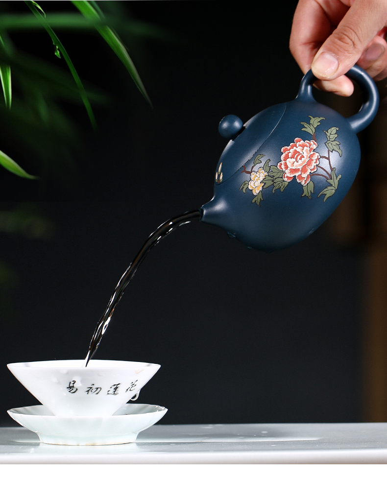 純手工紫砂壺，小巧琺瑯印花紫砂壺